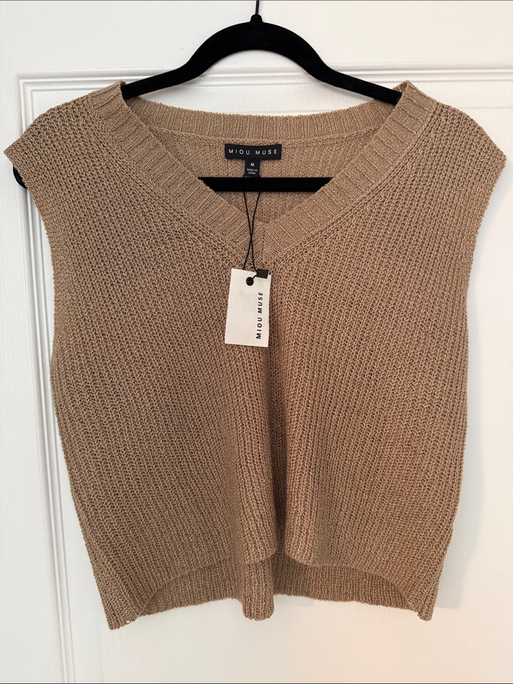 Miou Muse V-Neck Sleeveless Knit Vest in Tan